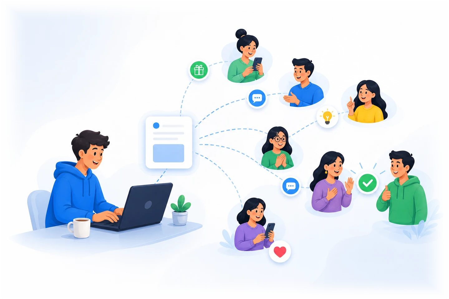 A post entering a relevance network and reaching people interested in services, needs, items, and discussions.